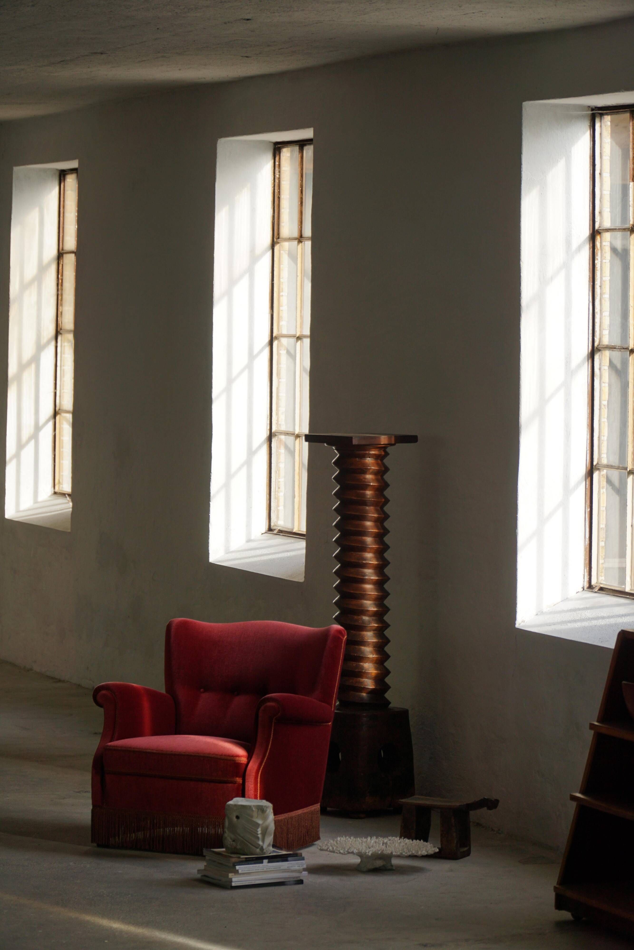 Pair of modern Danish lounge chairs, cherry red velvet, 1950s.