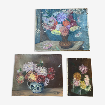 Set of 3 oils on canvas dahlias