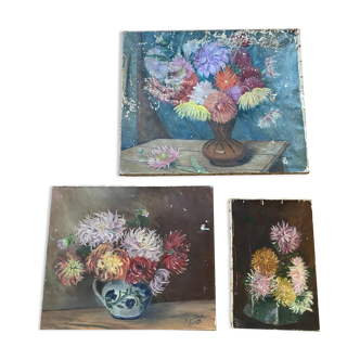 Set of 3 oils on canvas dahlias