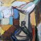 Mid-century modern "market square" swedish vintage figurative oil painting by brita hansson, framed