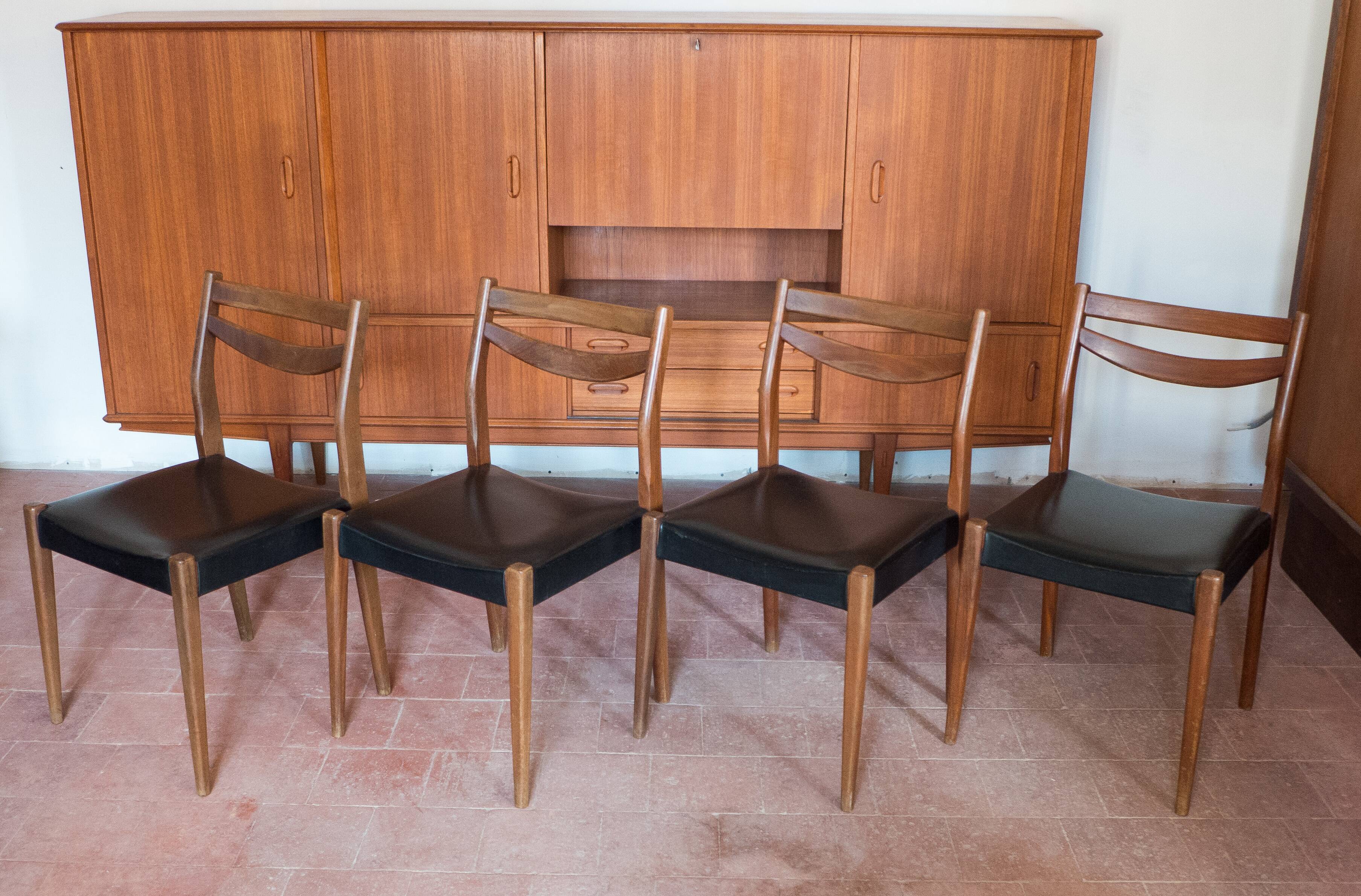 Set of 4 wooden and black faux leather chairs, Scandinavian style, wooden chair