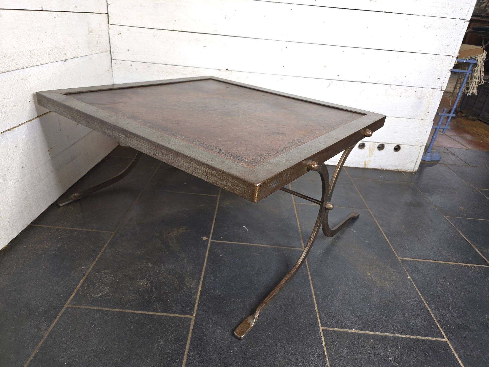 Vintage steel and leather coffee table