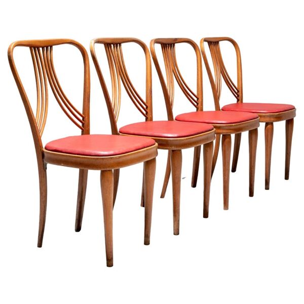 Set de 4 chaises de salle à manger en bois blond et faux cuir rouge Italie années 1950