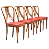 Set of 4 dining chairs in blond wood and faux leather red Italy 1950s