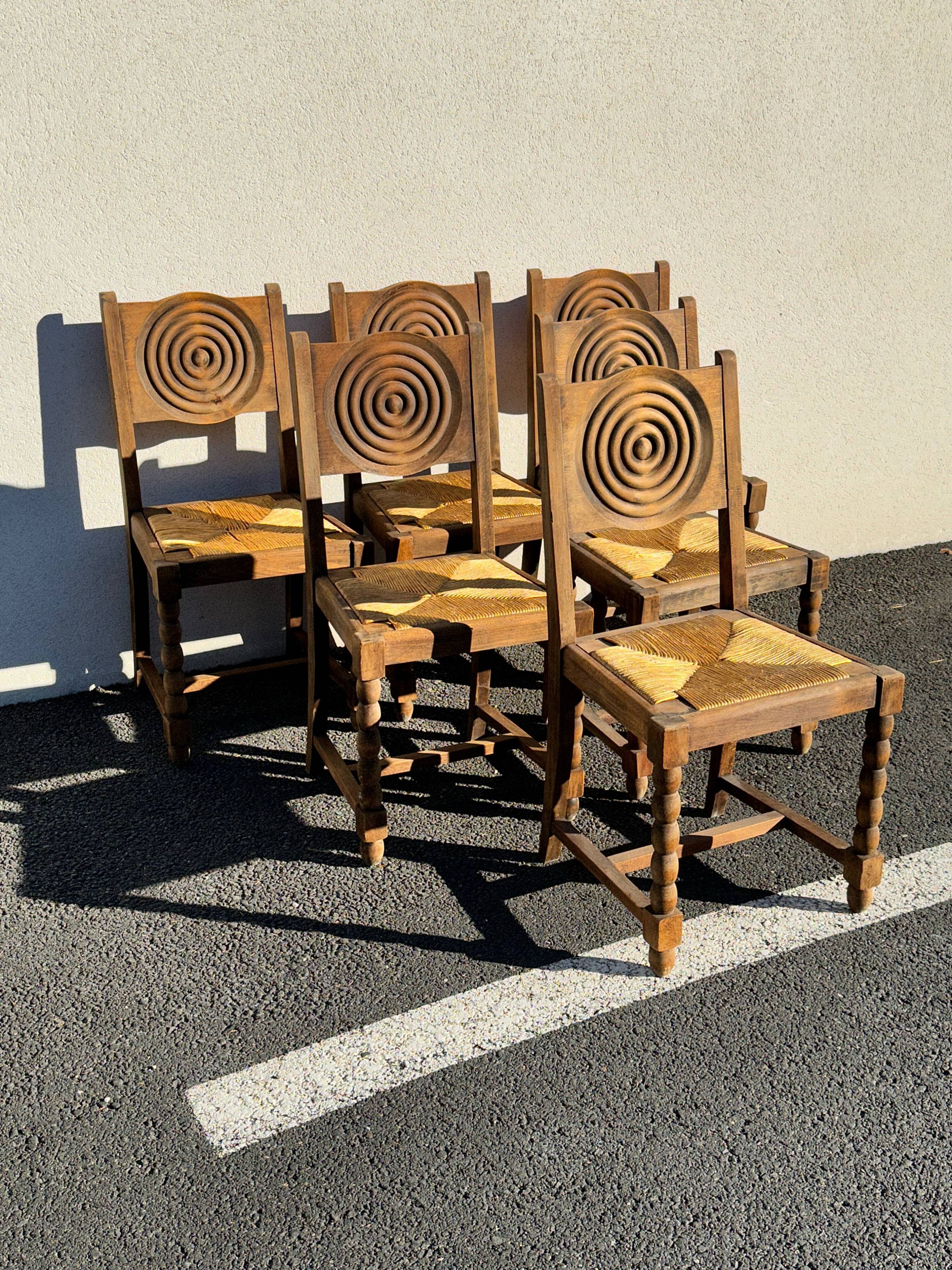 6 rustic style chairs, wood and straw, 1940