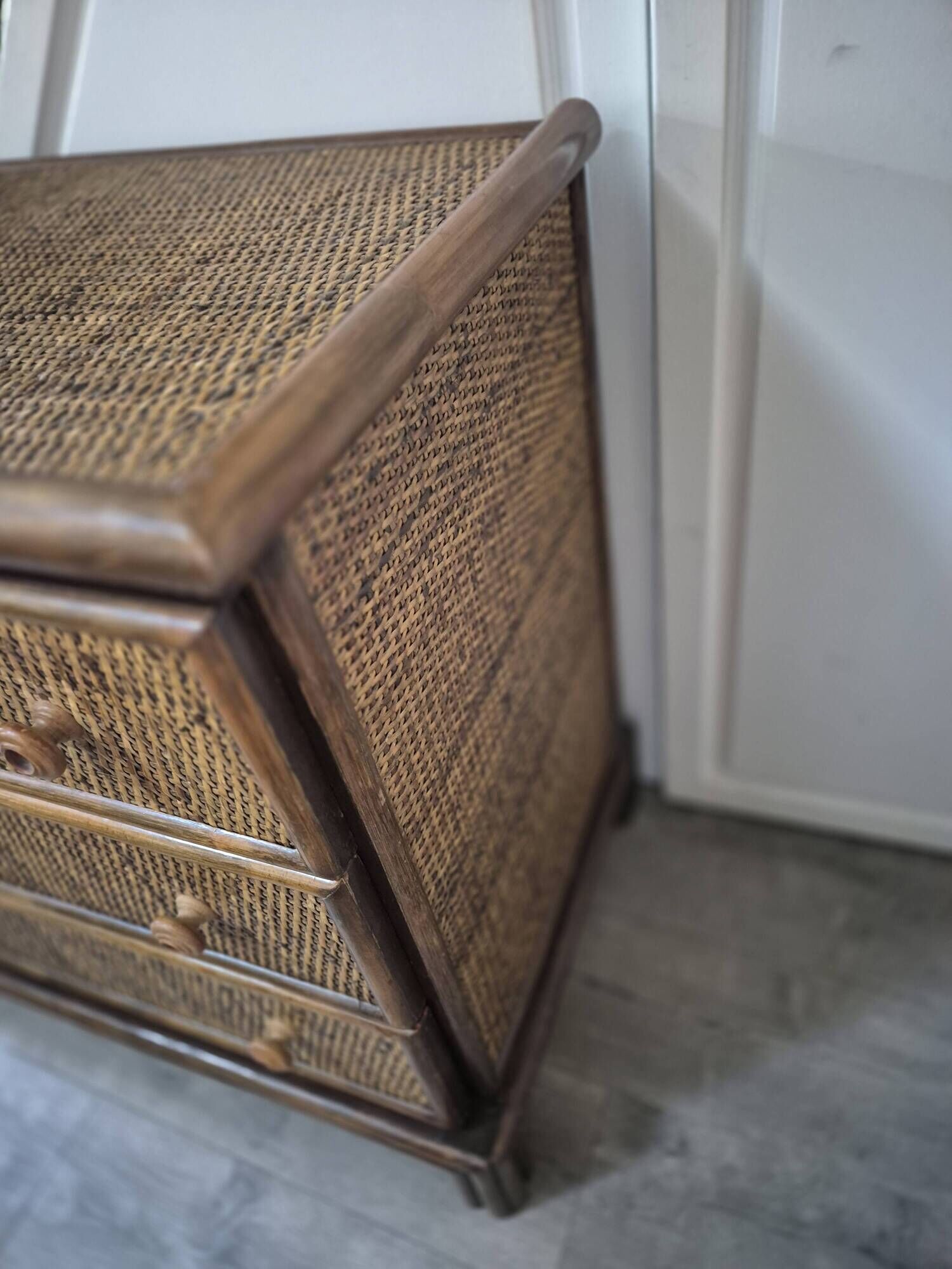 commode vintage année 70 maugrion roche bobois rotin cannage