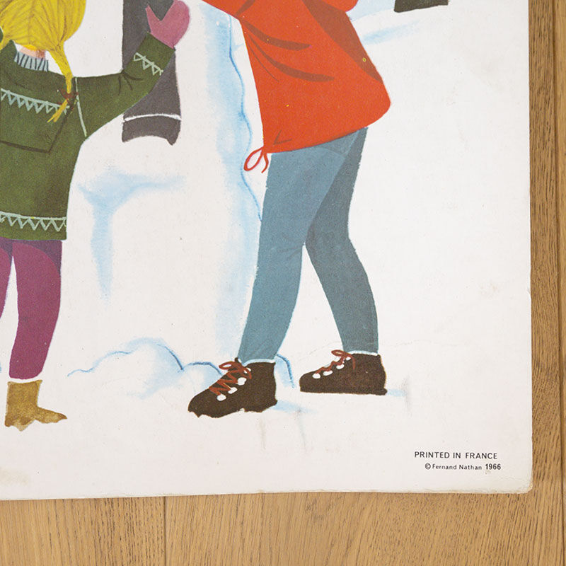Affiche scolaire Nathan 1966 face 1 Les marrons chauds et face 2 Hiver Bonhomme de neige