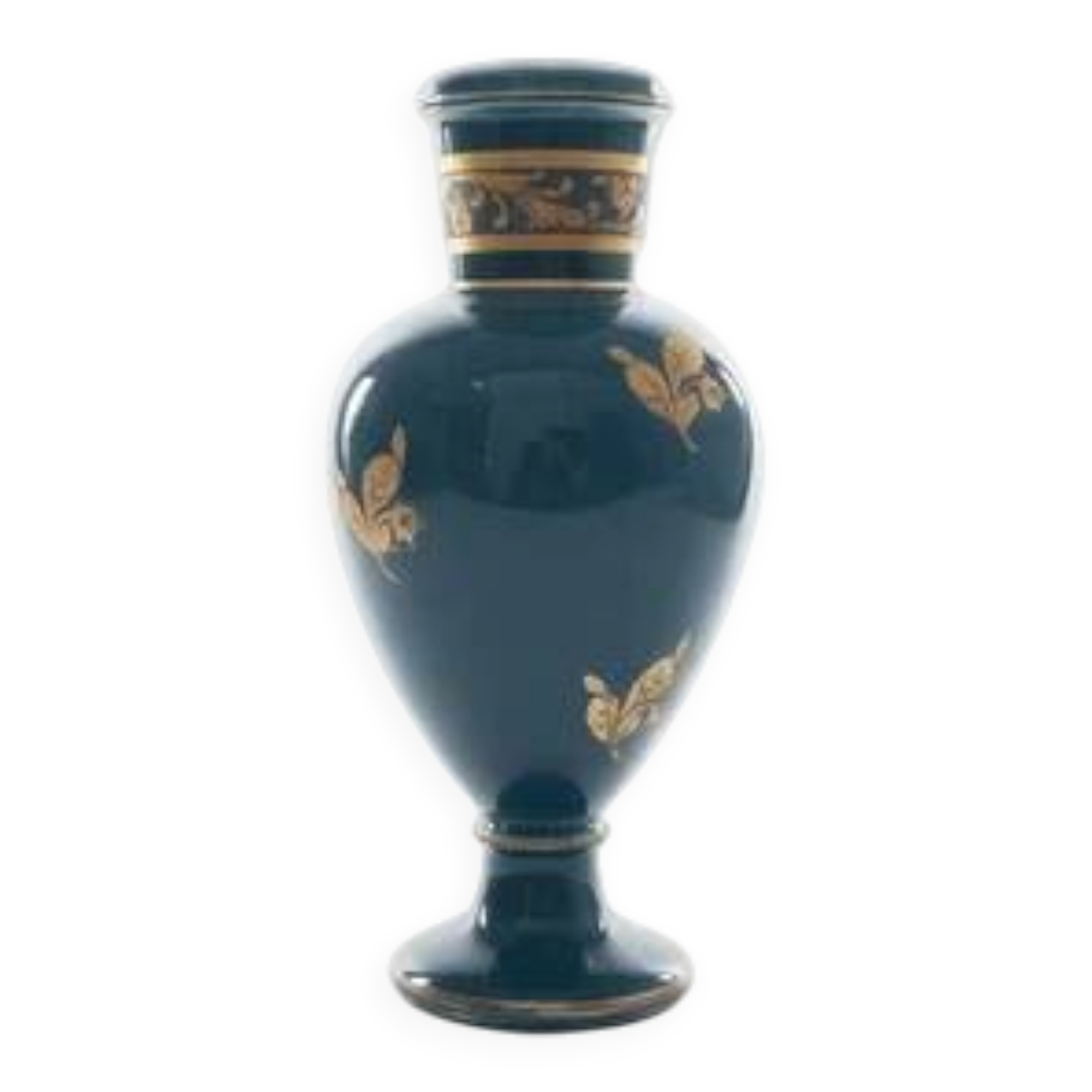 Small turquoise blue and gold porcelain vase with elegant floral patterns.