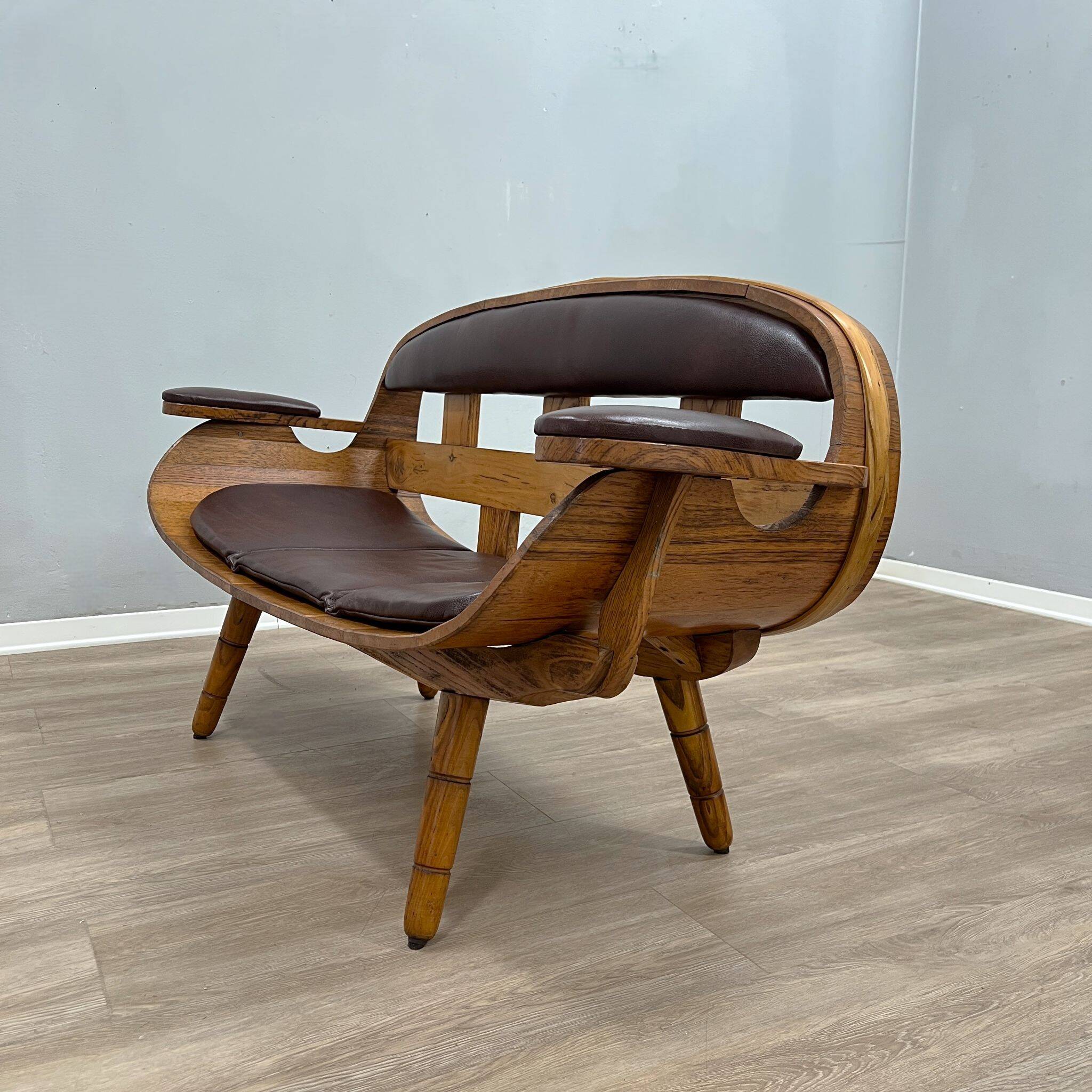 Rustic living room wooden barrel armchairs and sofa Italy 1970s