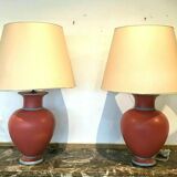 Pair of earthenware lamps with pink and gray patina XX century