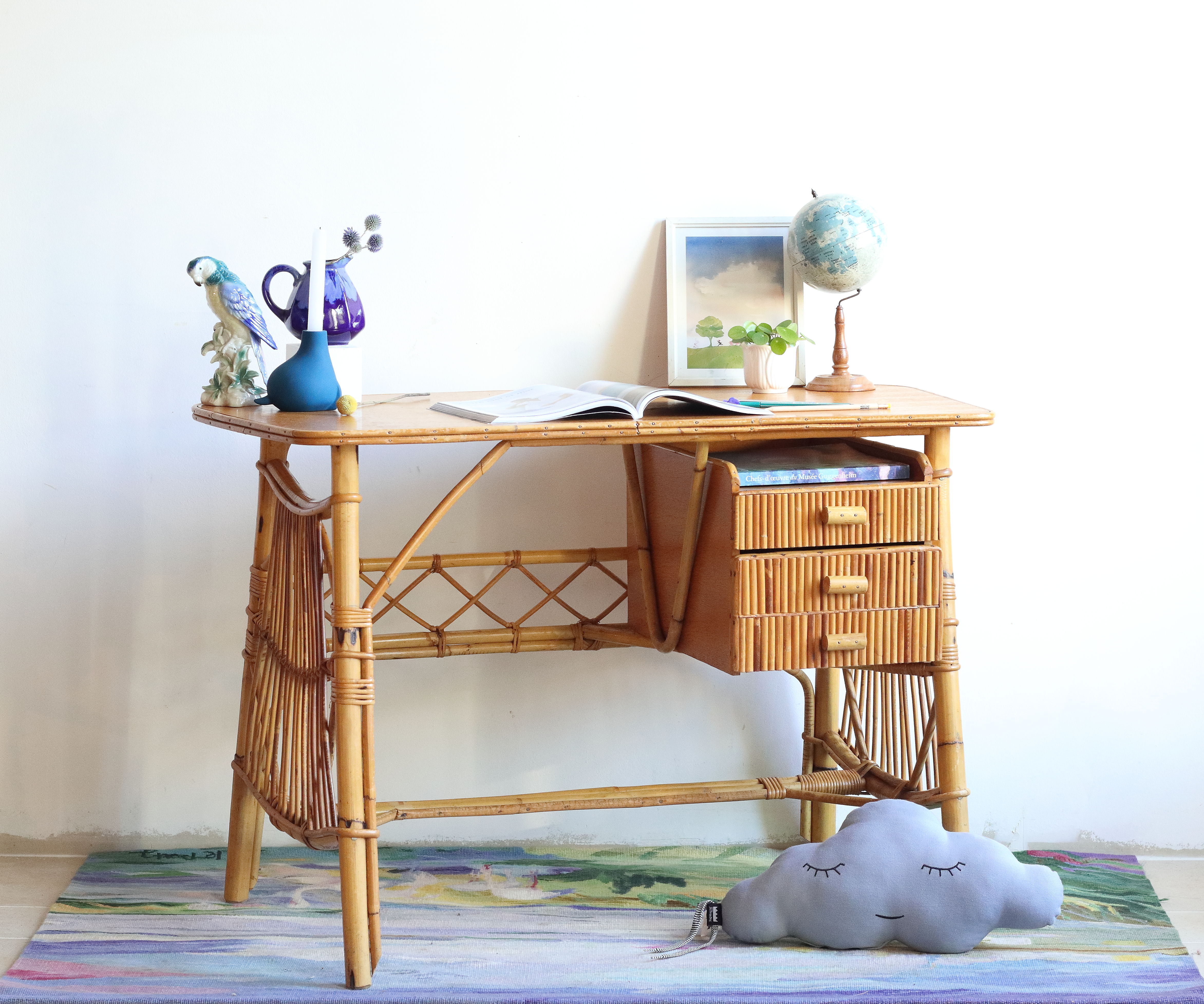 Bean desk two rattan drawers and oak veneer