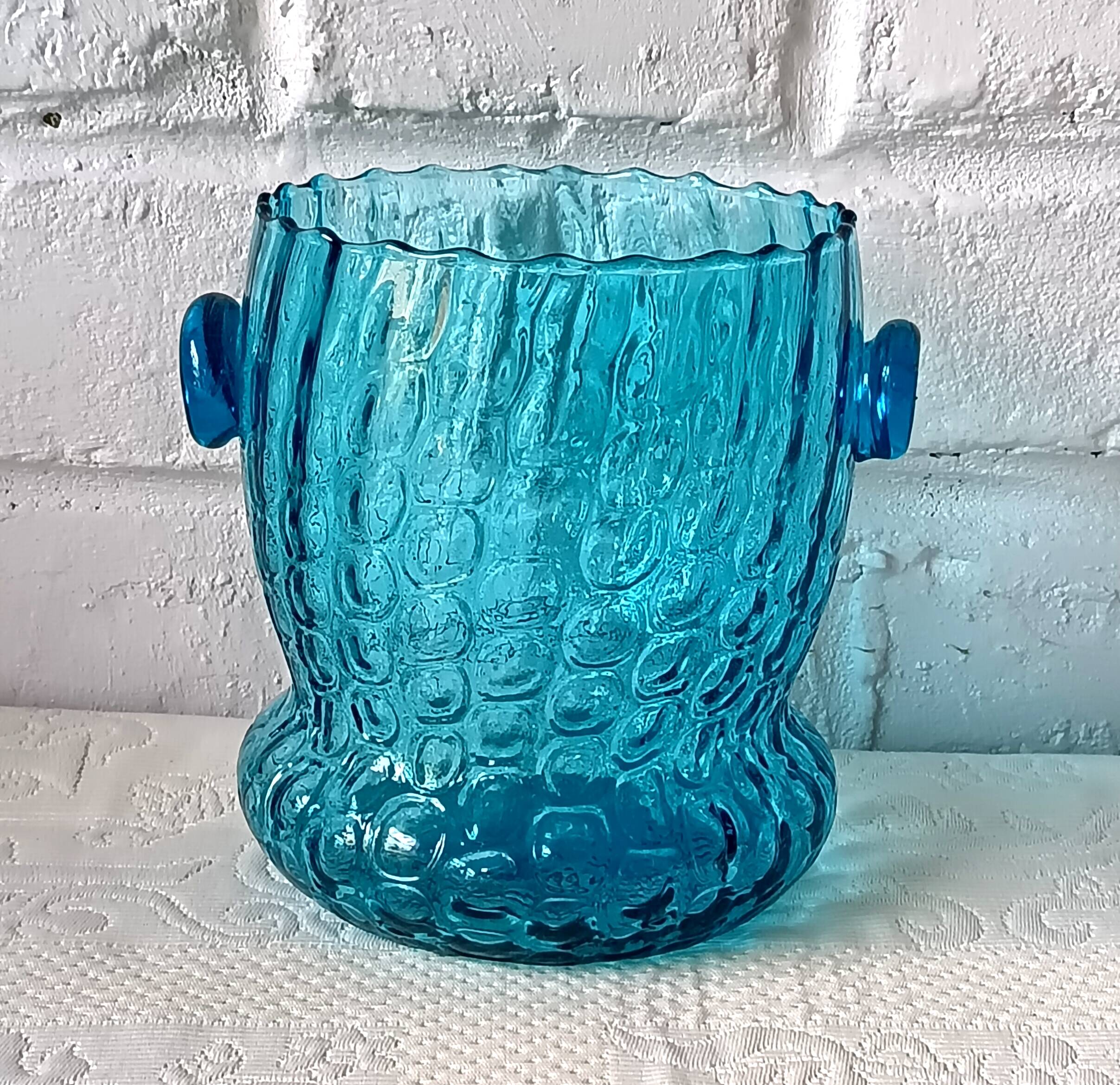 Ice bucket optical turquoise glass, vintage crystal