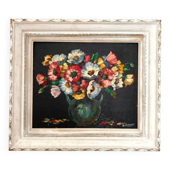 Huile sur toile ancienne représentant un bouquet de fleurs