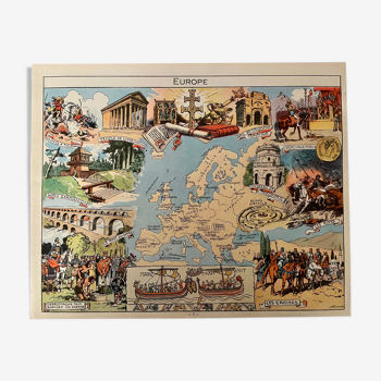 Affiche ancienne carte illustrée de l'Europe de 1948 - JP Pinchon