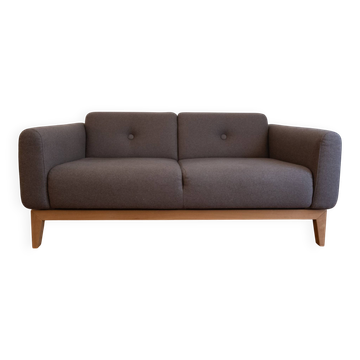 Tikamoon Bjorn sofa in solid oak and brown fabric, 2-seater.