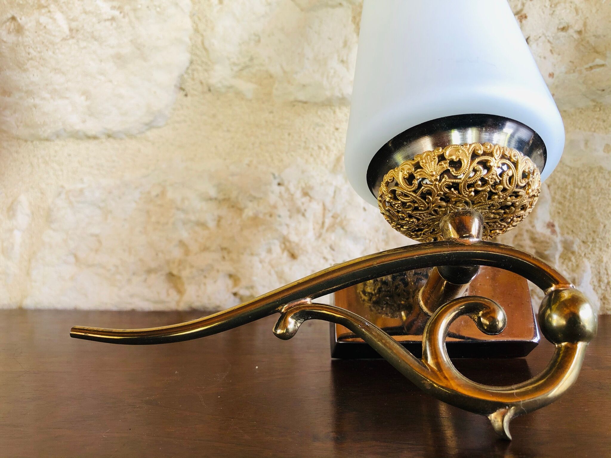 Pair of wall sconces in opaline and brass 60s