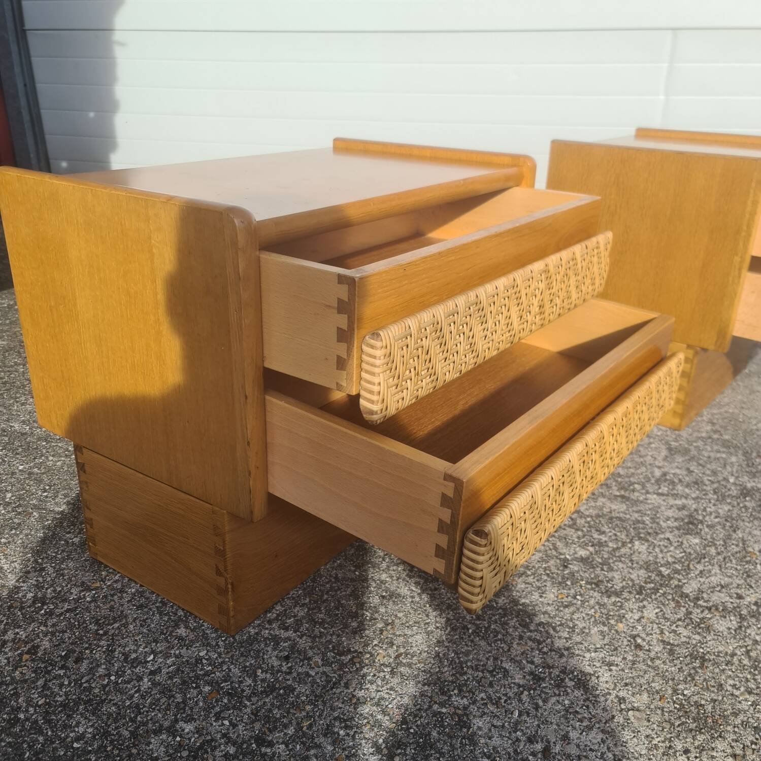 Pair of bedside tables, vintage rattan side furniture 1960