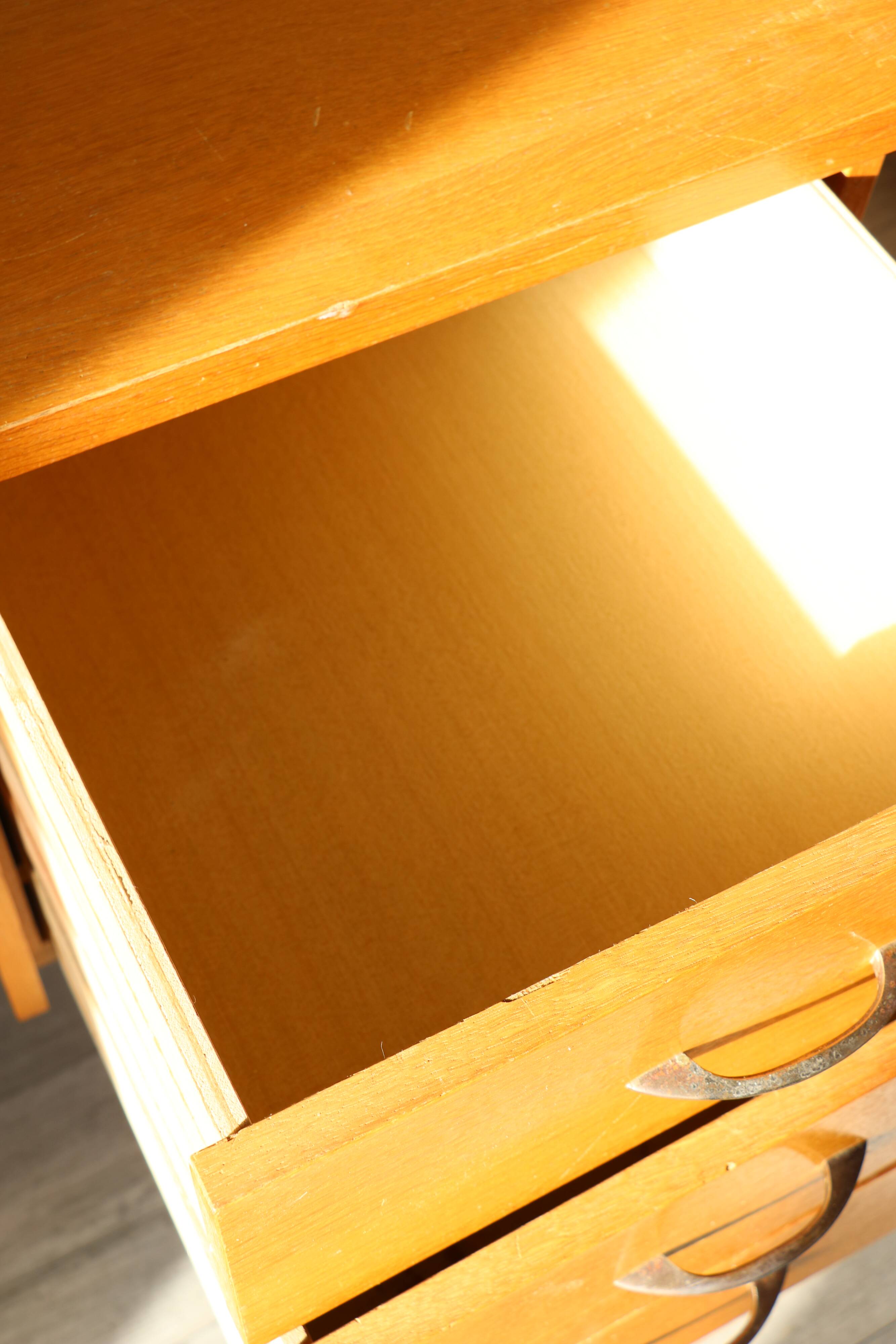 Oak desk, splayed legs, drawers, 1960.