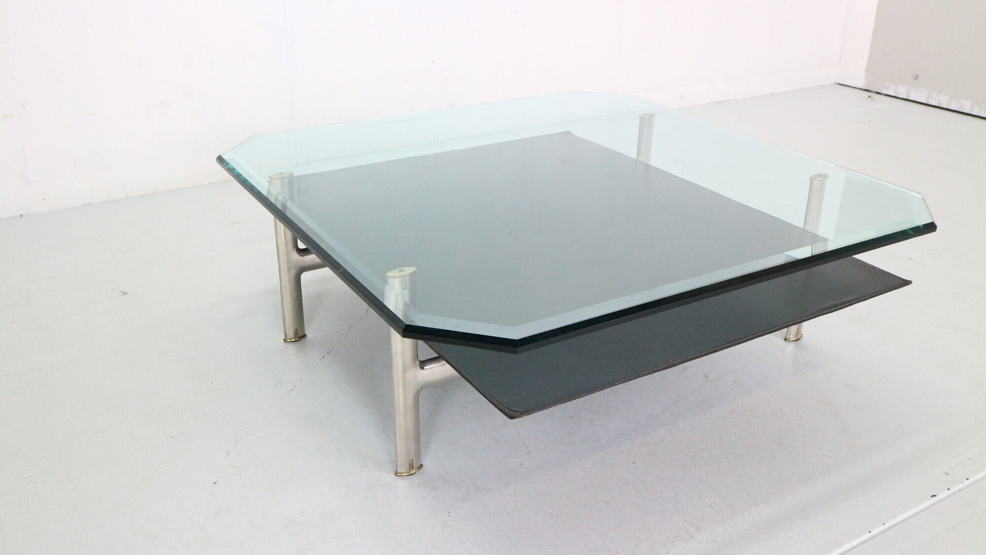 B&B Italia 'Diesis' Two-Tier Glass and Leather Coffee Table by Antonio Citterio