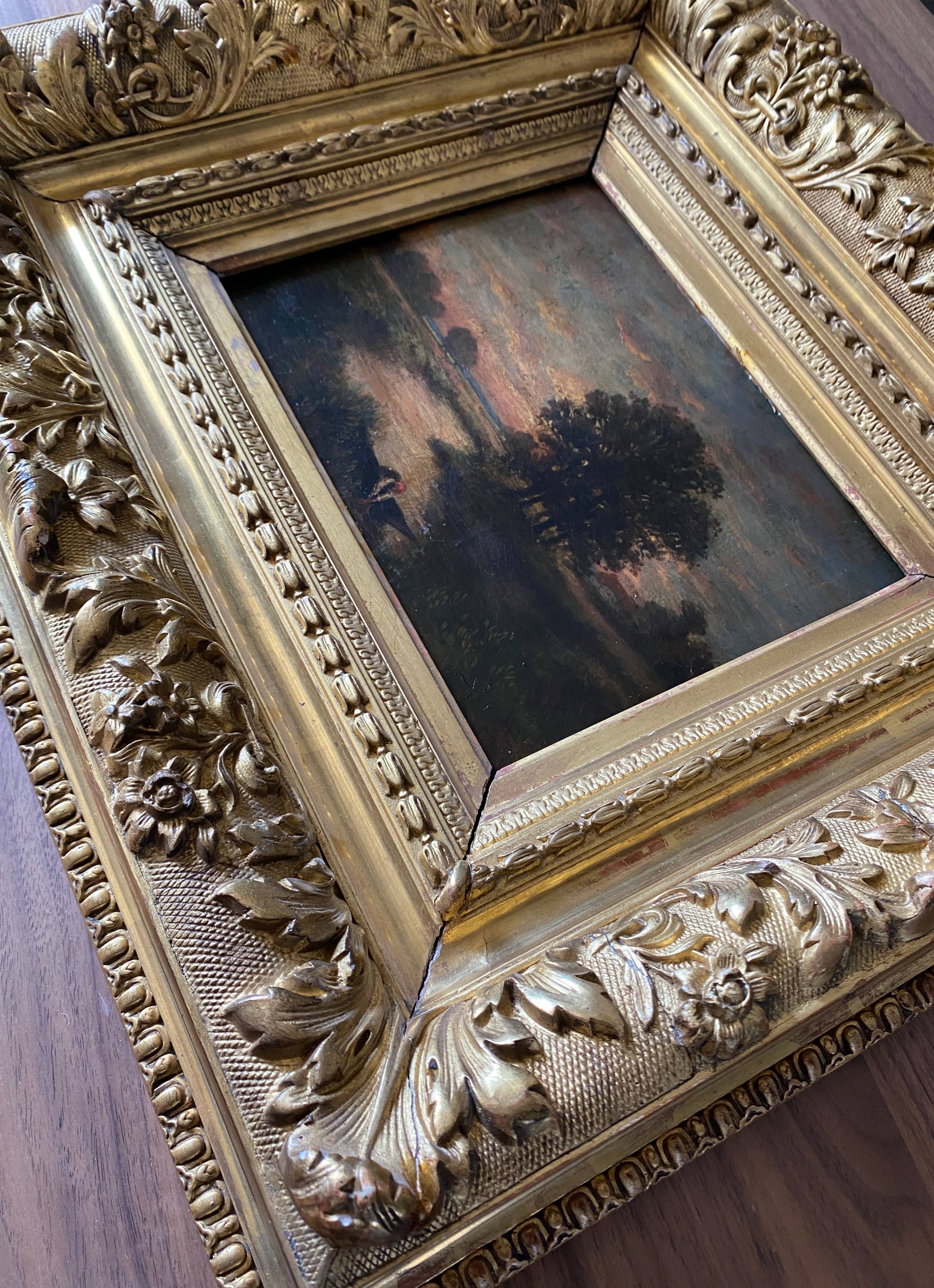 Painting "Landscape with washerwoman" cf. Théodore Rousseau XIX° + frame