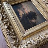 Painting "Landscape with washerwoman" cf. Théodore Rousseau XIX° + frame