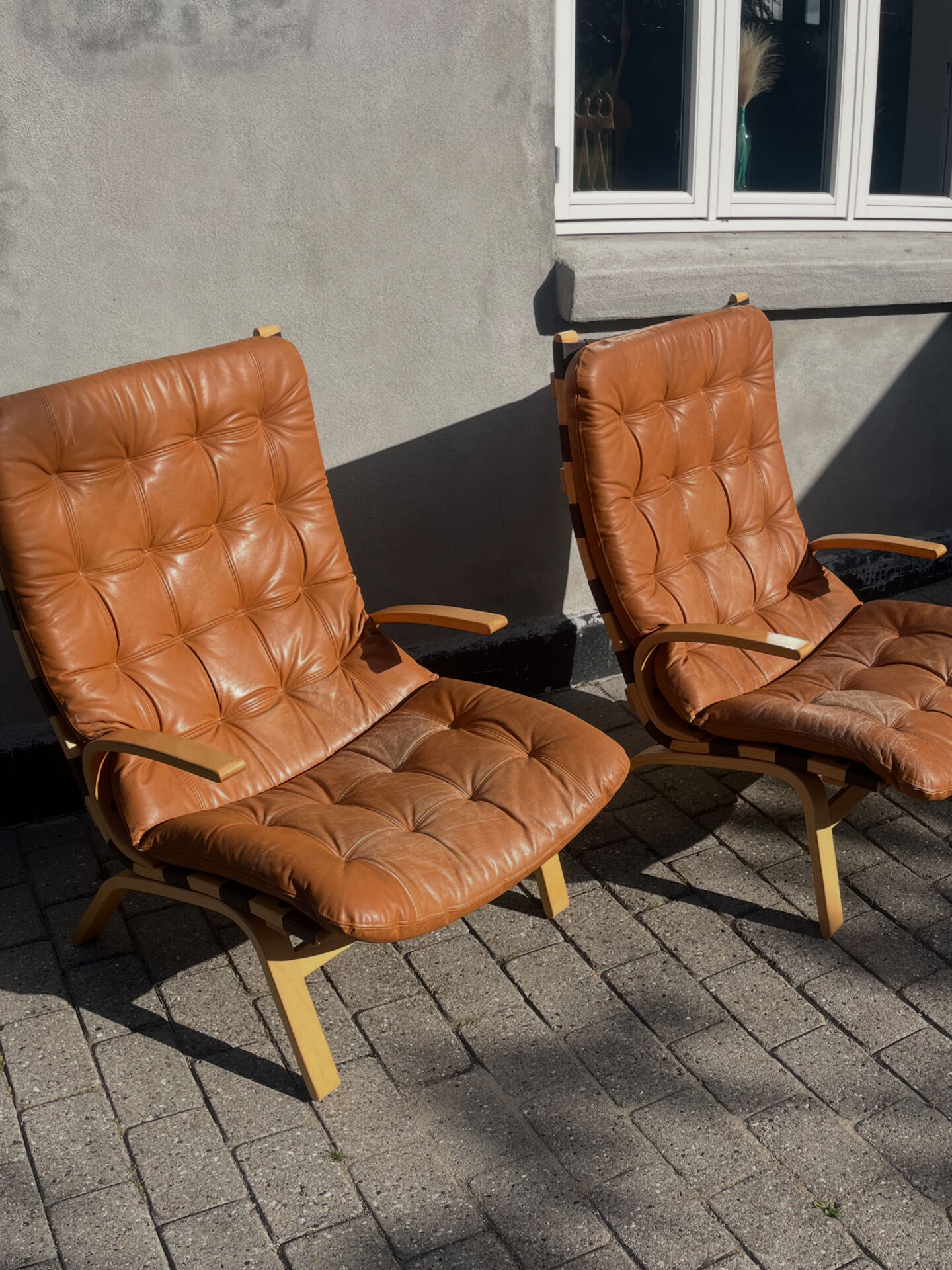Rare 1970s Danish Modern 'Miljø' Easy Chairs in Cognac Aniline Leather