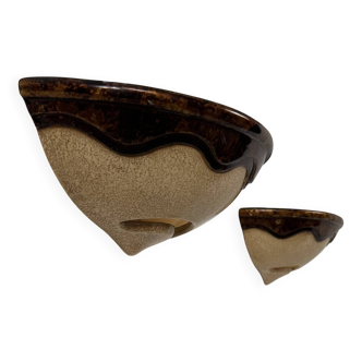 Pair of vintage wall sconces, beige and brown porcelain, France, 1960.