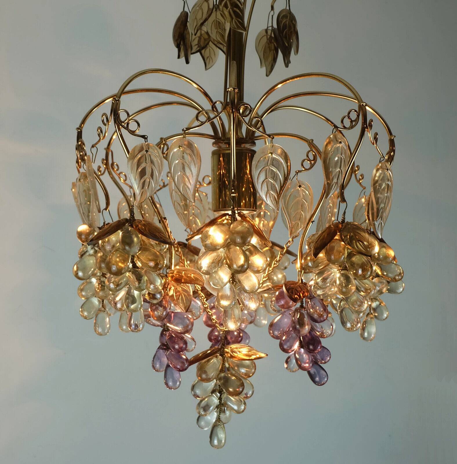 Very rare palwa mid century chandelier 1970s crystal glass and gilt brass grapes and leaves