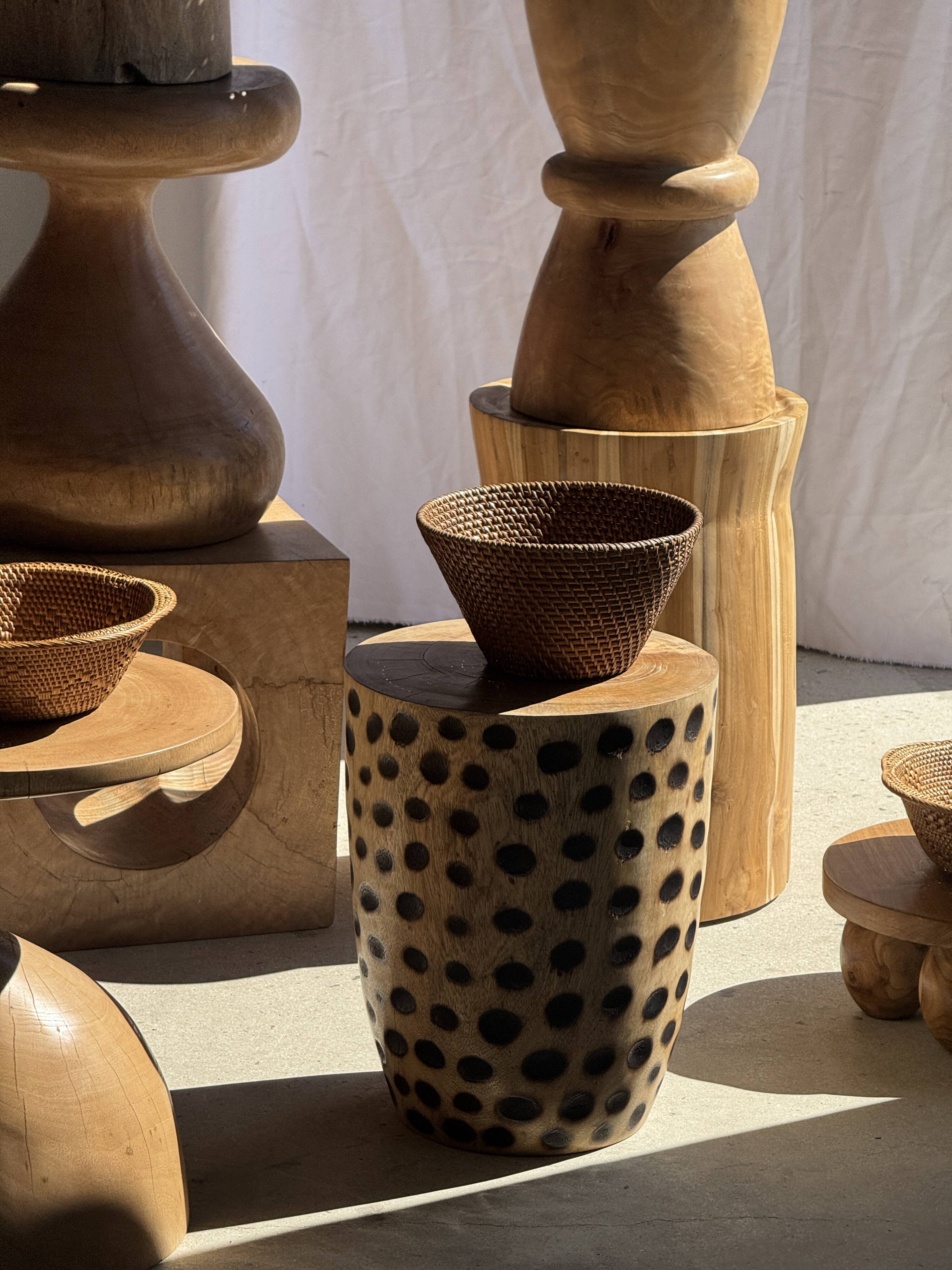 Stool, side table, cylindrical solid mango wood end table.