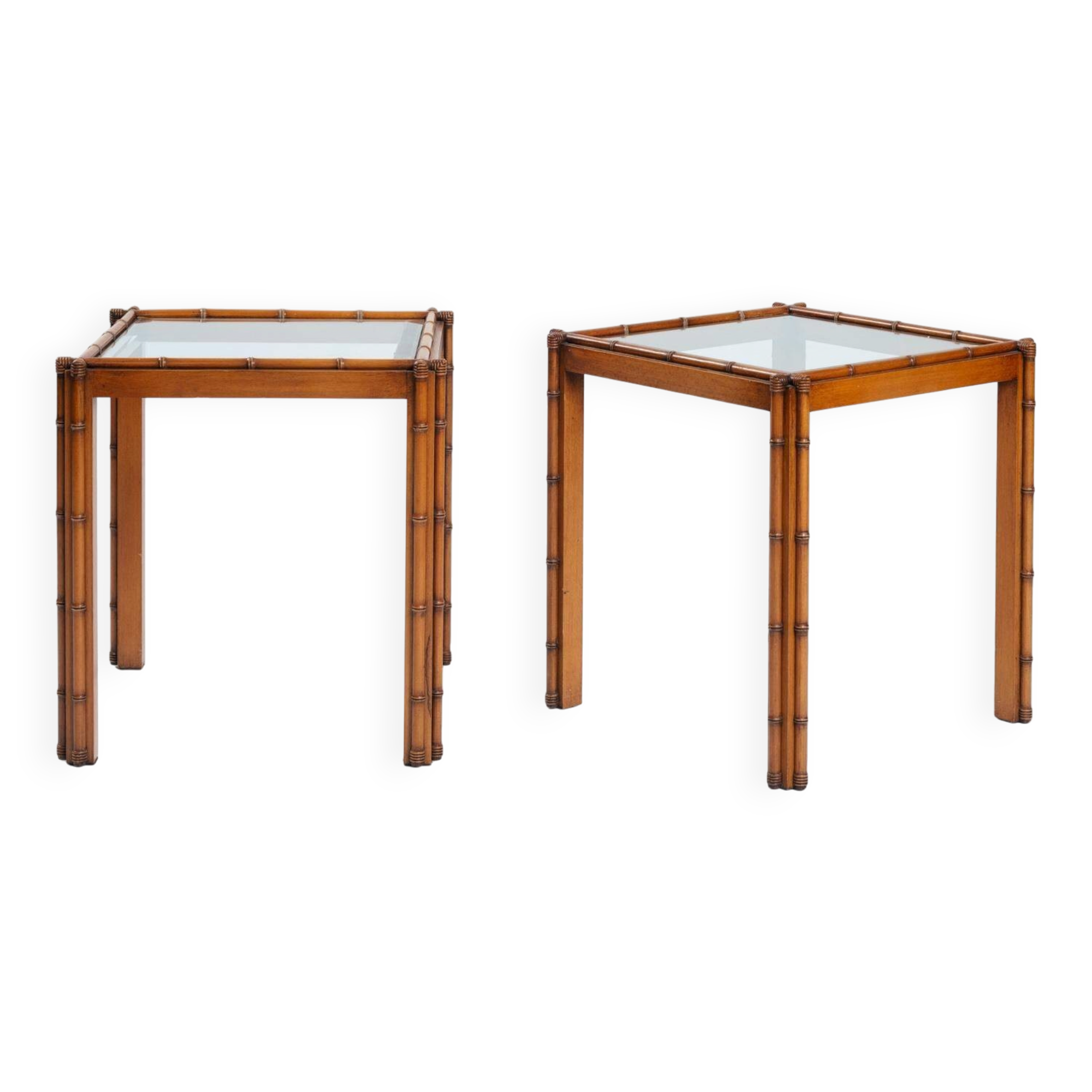 Art Deco Side Table in Carved Oak, Bamboo Style, Cut Glass, Set of 2