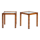 Art Deco Side Table in Carved Oak, Bamboo Style, Cut Glass, Set of 2