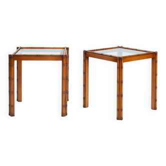 Art Deco Side Table in Carved Oak, Bamboo Style, Cut Glass, Set of 2
