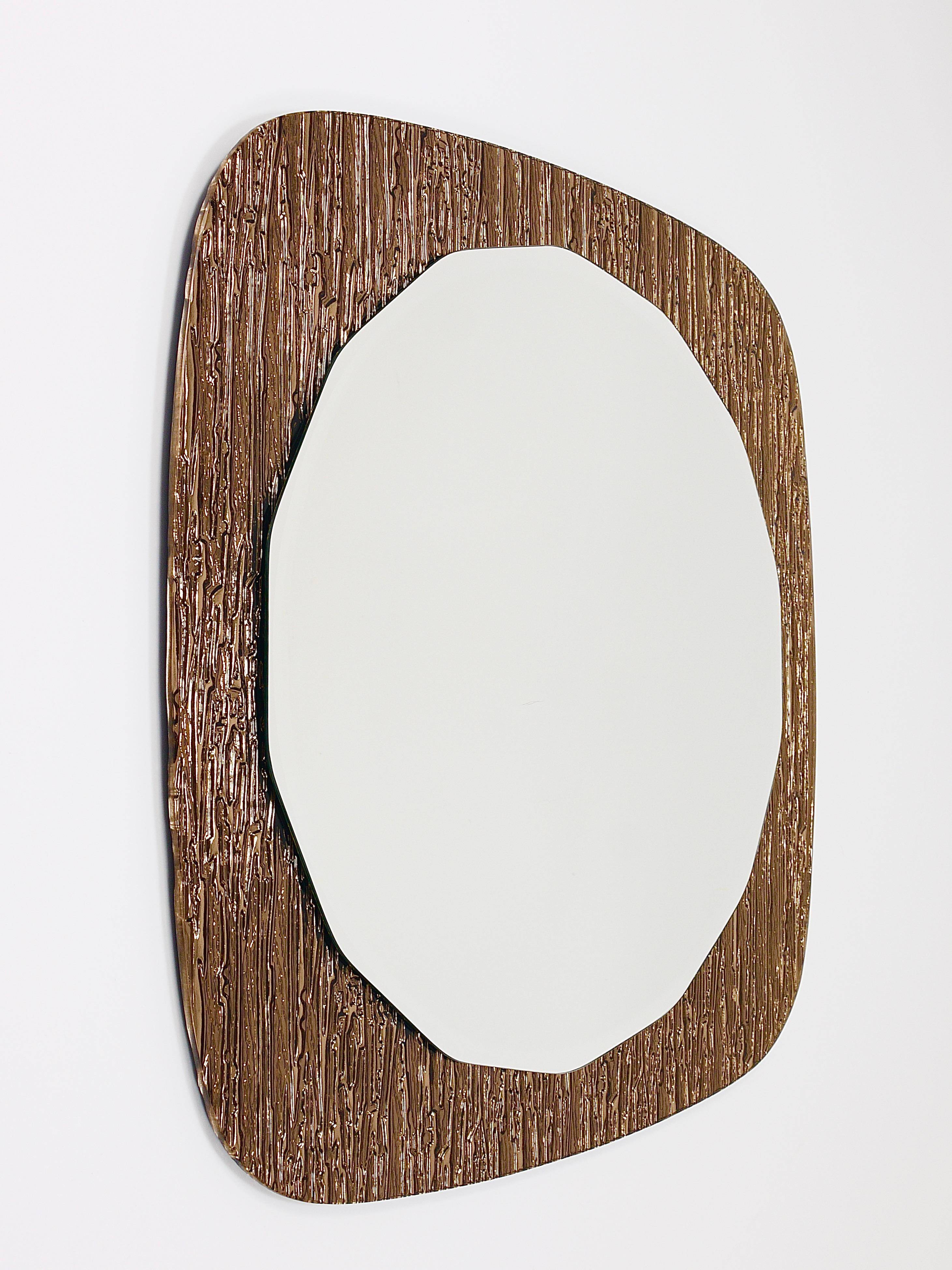 Crystal Art Sculpted Textured Wall Mirror Gold Bronze Mid-Century, Italy, 1960s