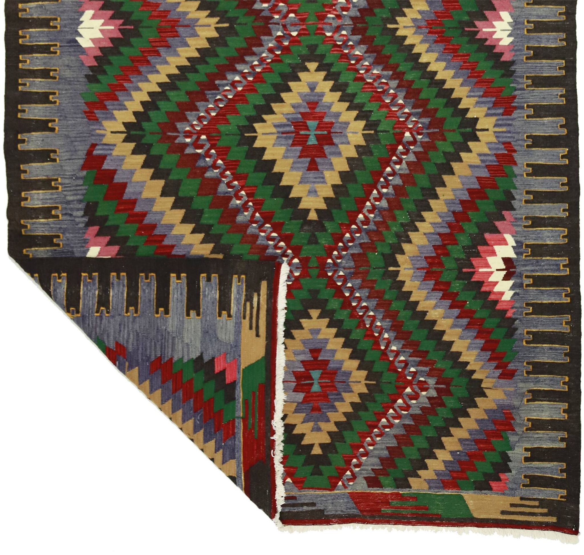 Turkish Kilim Yuruk Vintage 169x300 cm Geometric Green Red Yellow