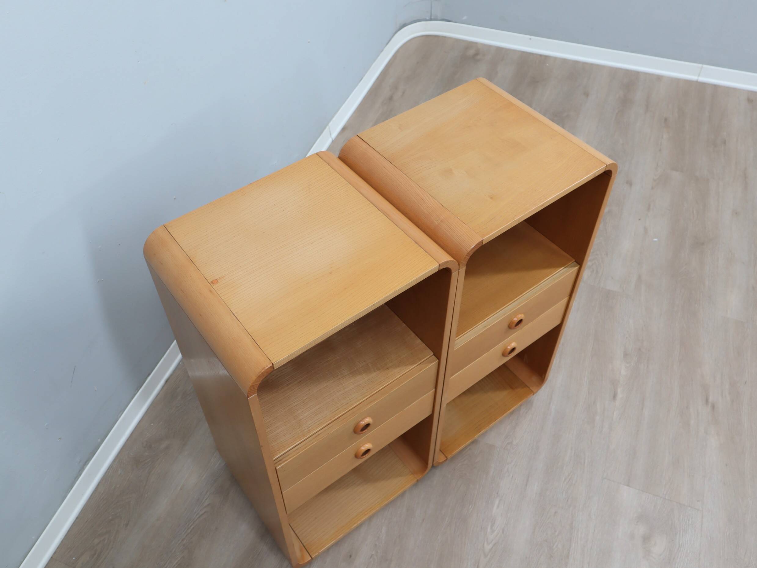 Pair of tall vintage birch wood bedside tables / entryway console 1970s