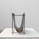 Vintage Magazine rack in chrome and faux leather, France 1960s