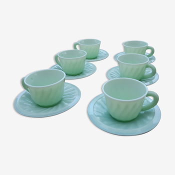 Set of 6 cups and saucers opaline green water