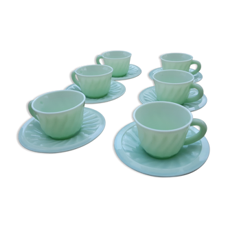 Lot de 6 tasses et soucoupes opaline vert d'eau