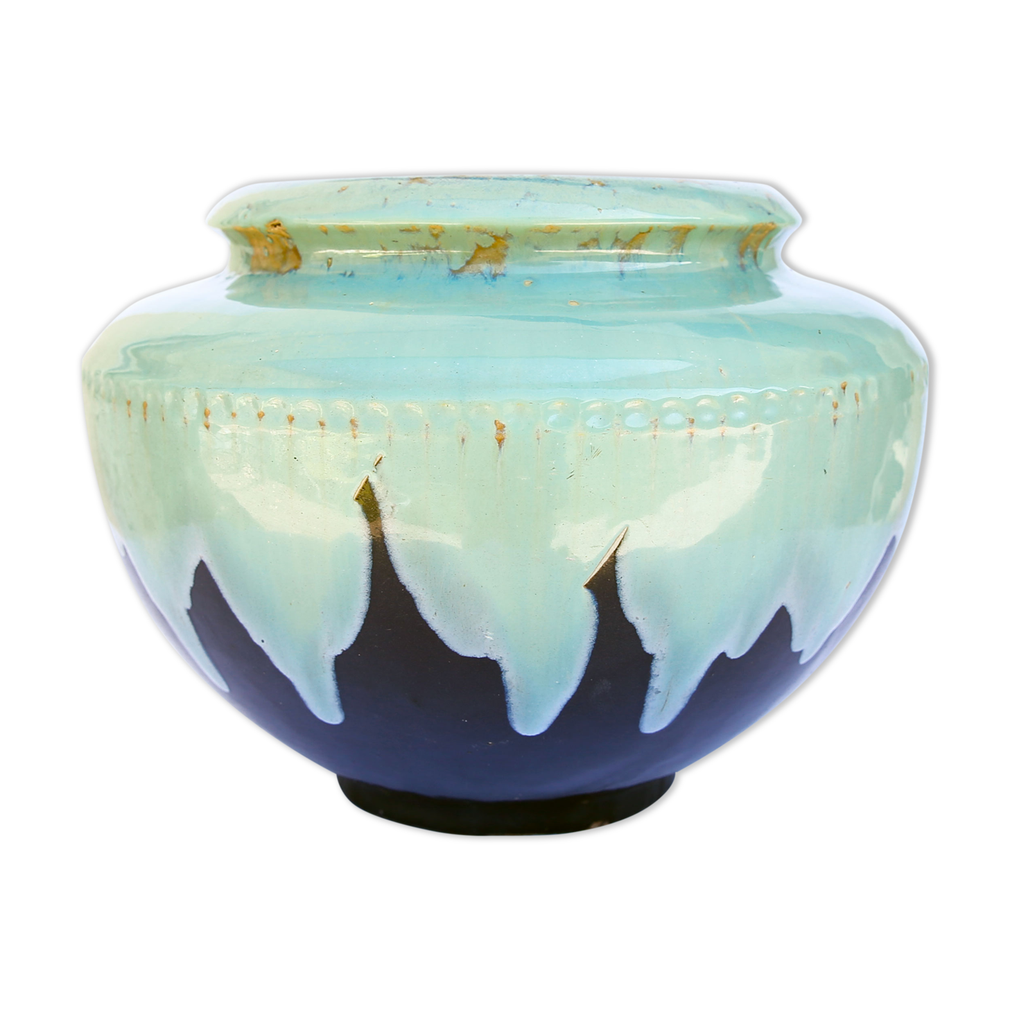 XL pot cover in celadon enamelled sandstone and art Deco style anthracite grey