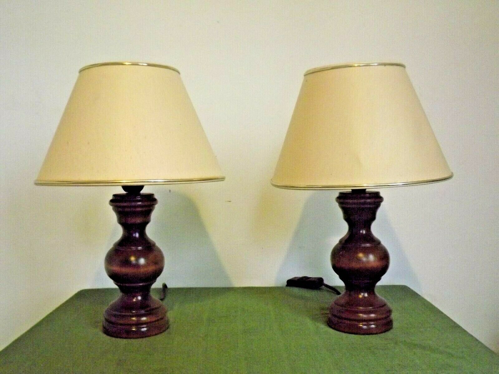Pair French Mid Century Turned Wood Table Lamps With Beige & Gold Shades 3247
