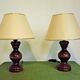 Pair French Mid Century Turned Wood Table Lamps With Beige & Gold Shades 3247
