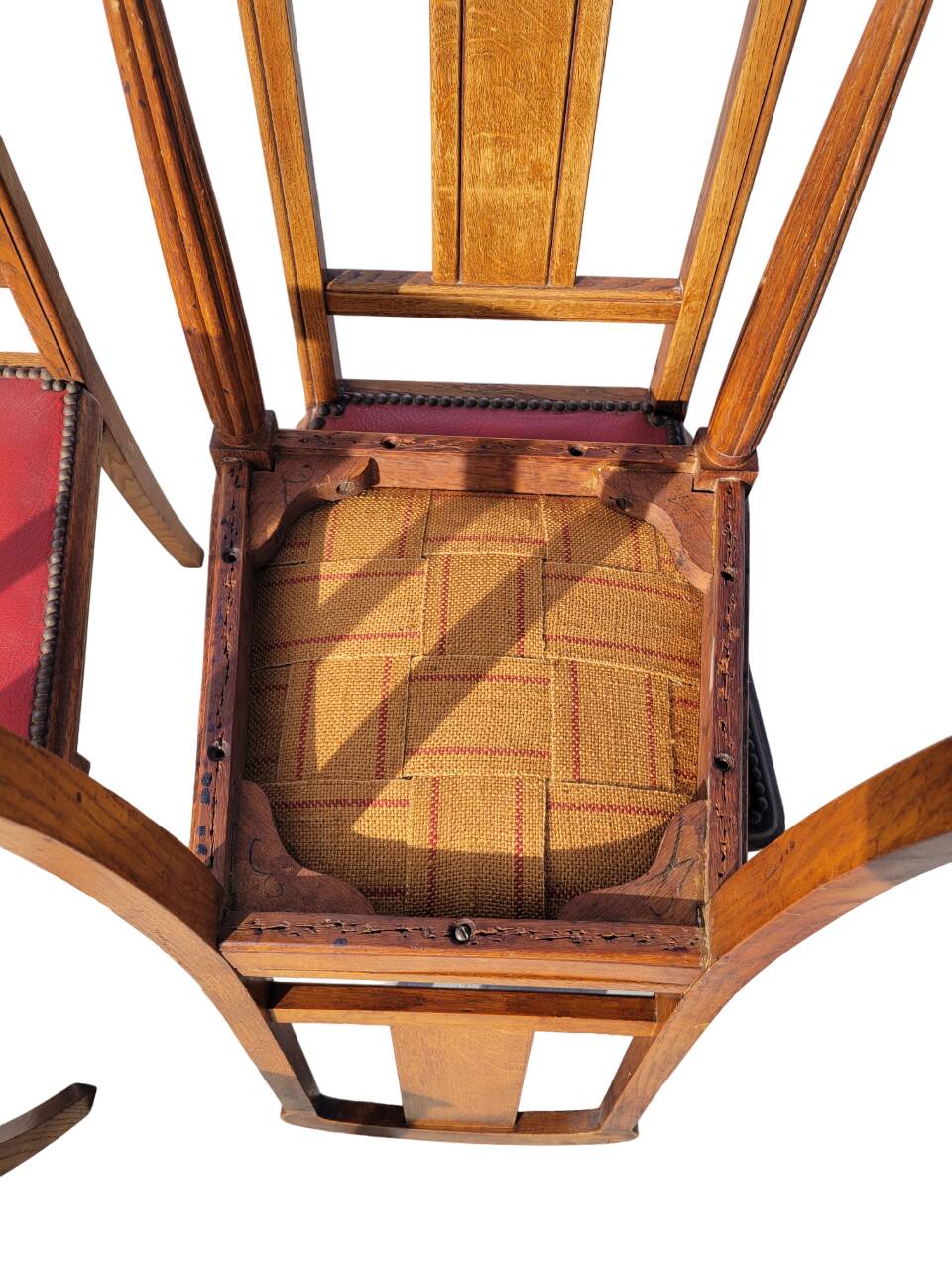 Set of 4 Art Deco Chairs in wood and red imitation leather