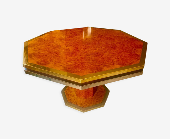 Table octogonale 1960 en loupe de noyer et laiton