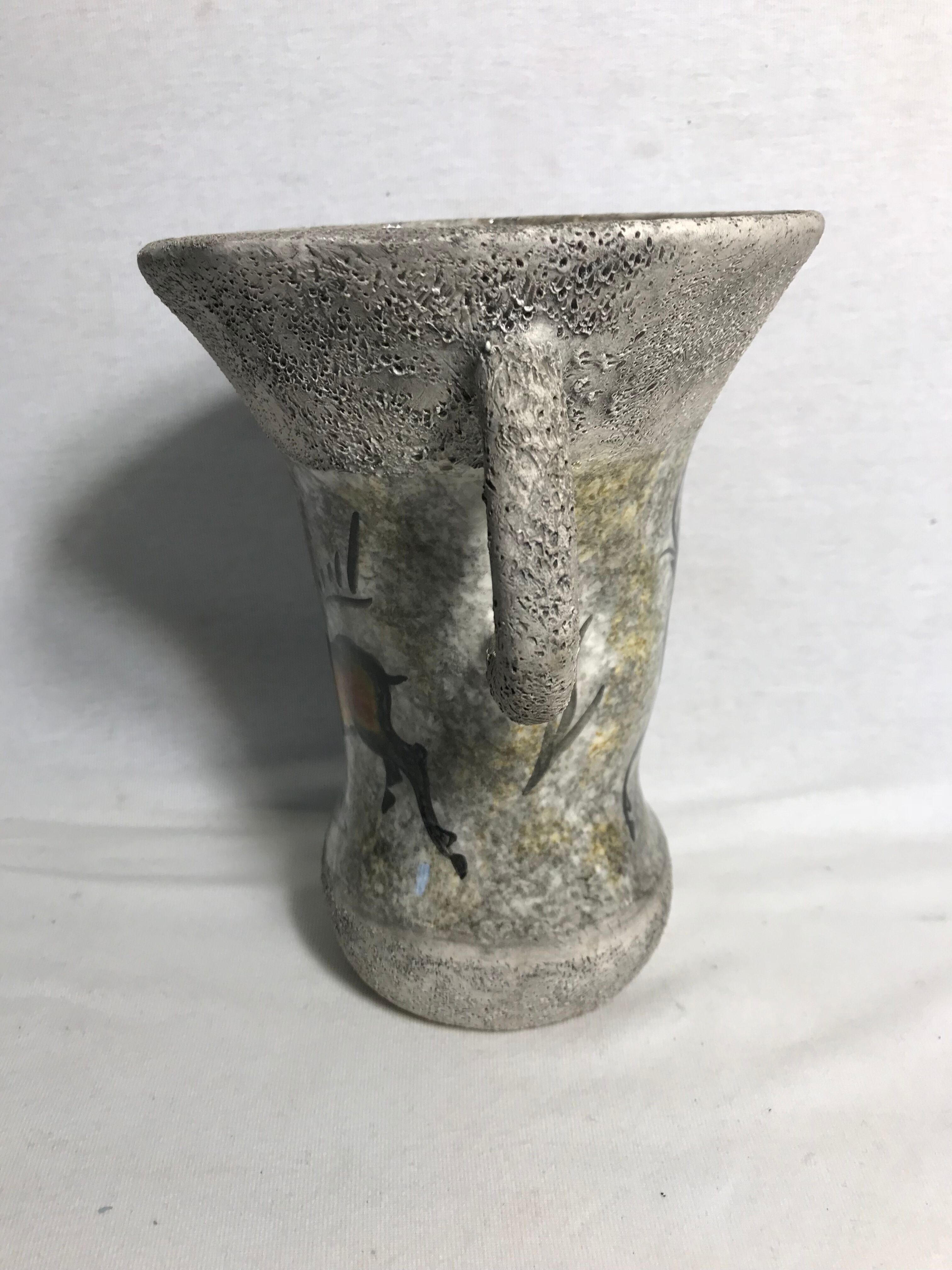 Old grey enamelled ceramic  2 handles vintage deer vase