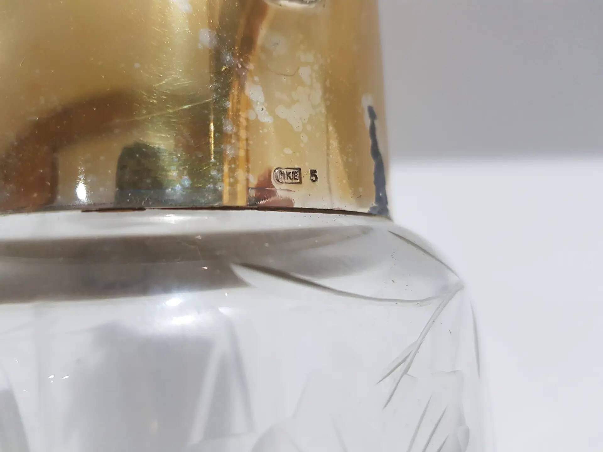 Carafe, transparent crystal, gilded brass, Germany, 1950s