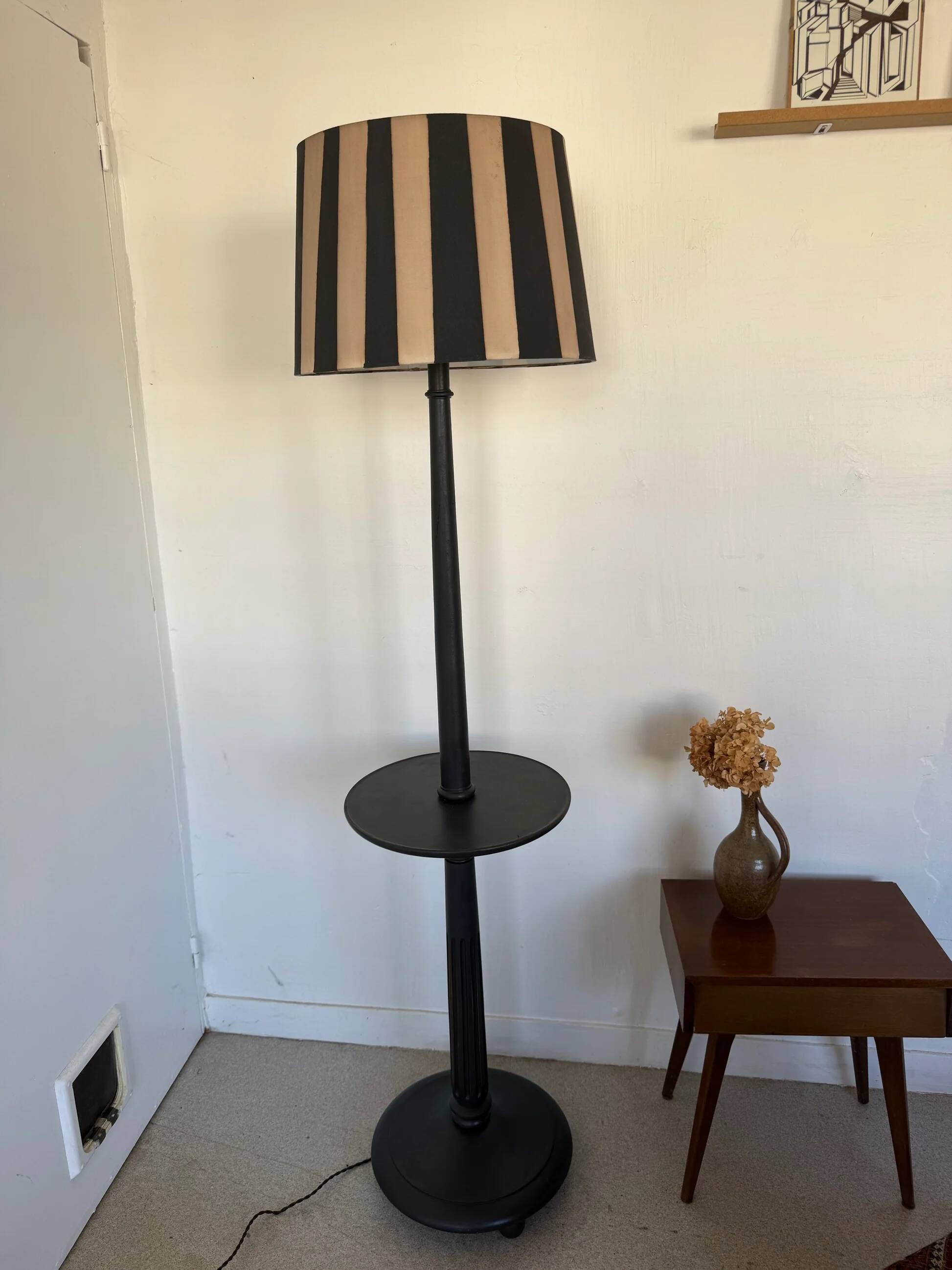 Vintage floor lamp in black patinated wood and striped lampshade