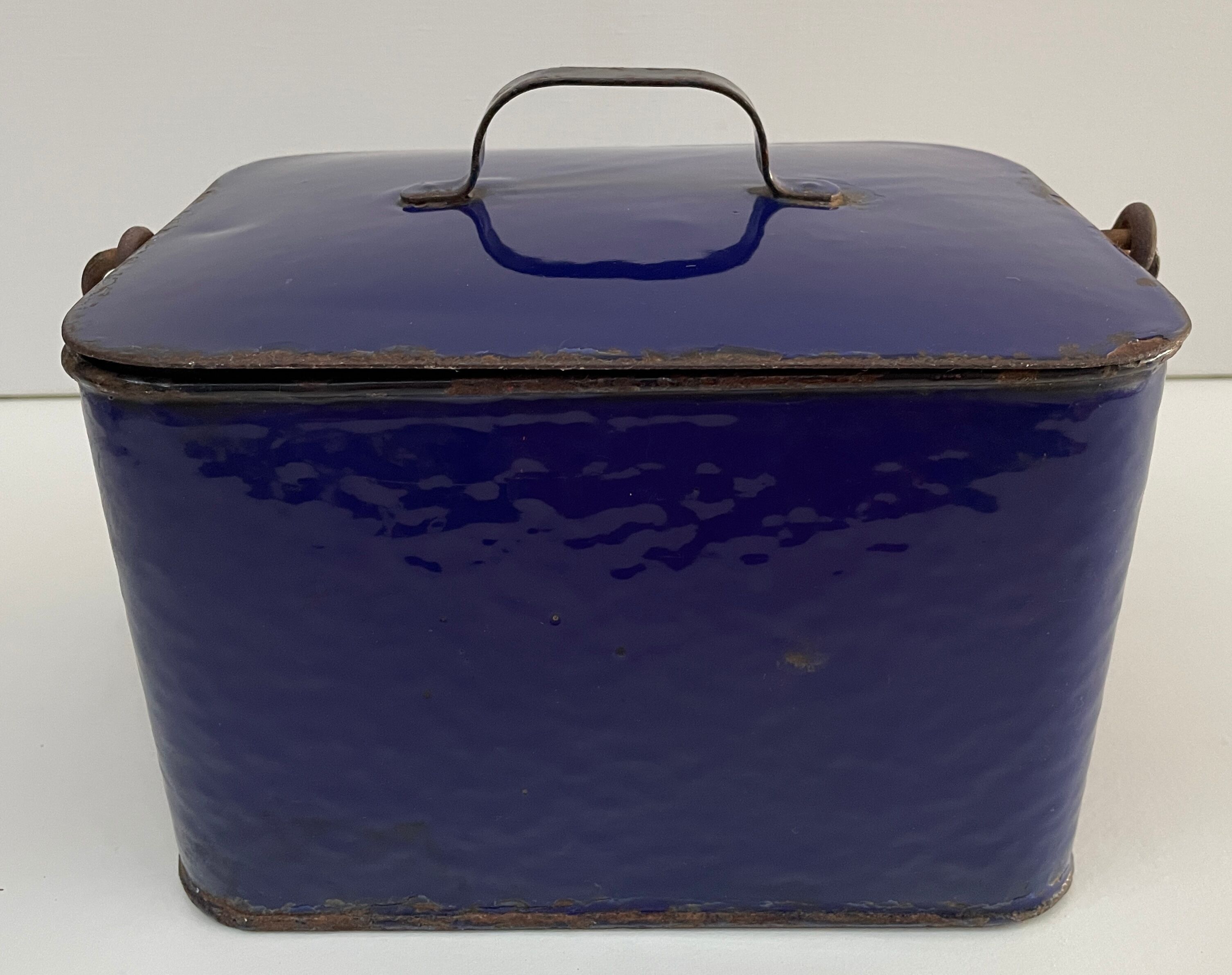 Old blue enamelled metal box