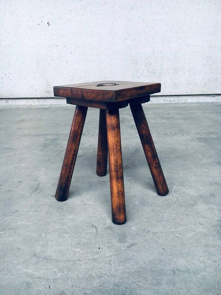 Brutalist Oak Stool, Belgium, 1950s