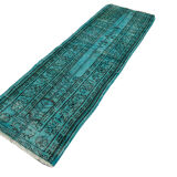Distressed Turkish Narrow Runner 195 x 64 cm Wool Vintage rug, Overdyed Turquoise