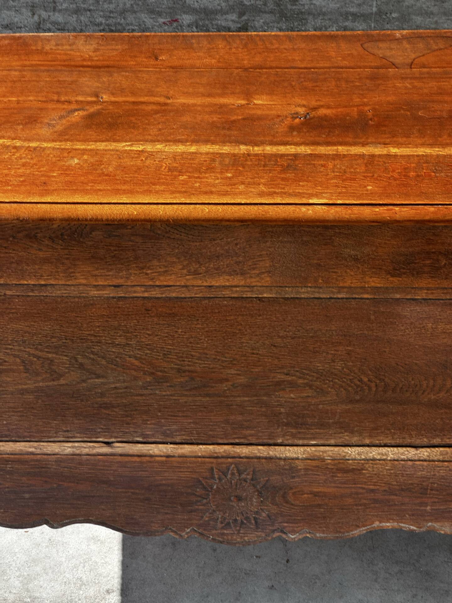 French provincial chest in carved and pegged solid oak, 18th century.